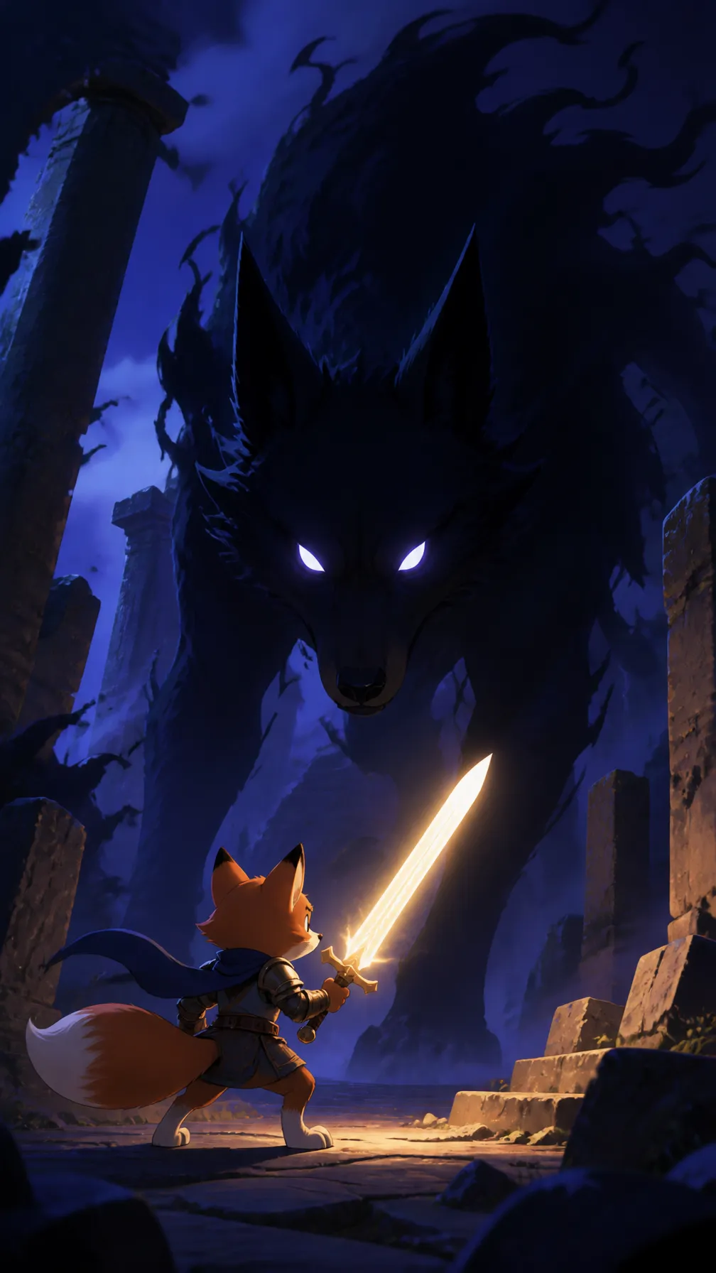 پرامپت سه‌بعدی با چت جی پی تی GPT Image : A small fox in armor faces an enormous shadow… - ساخته‌شده با چت جی پی تی GPT Image
