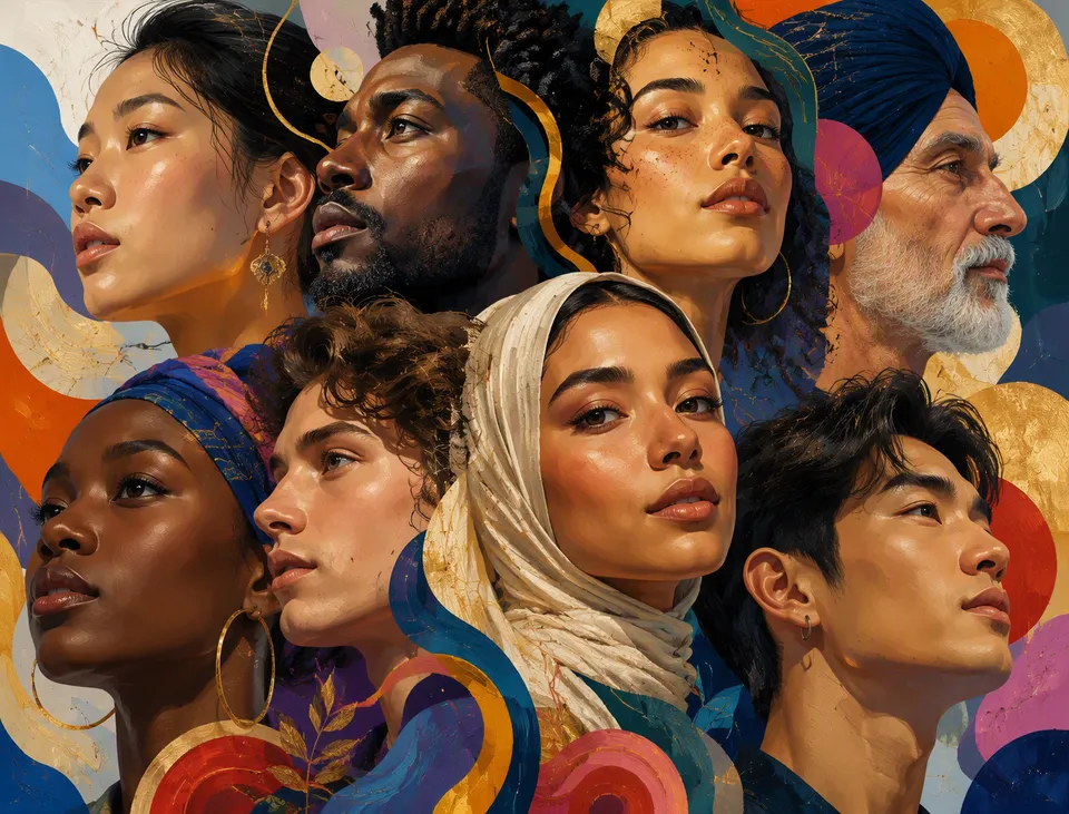 پرامپت سه‌بعدی با چت جی پی تی GPT Image : A collage of diverse faces, rendered in a… - ساخته‌شده با چت جی پی تی GPT Image