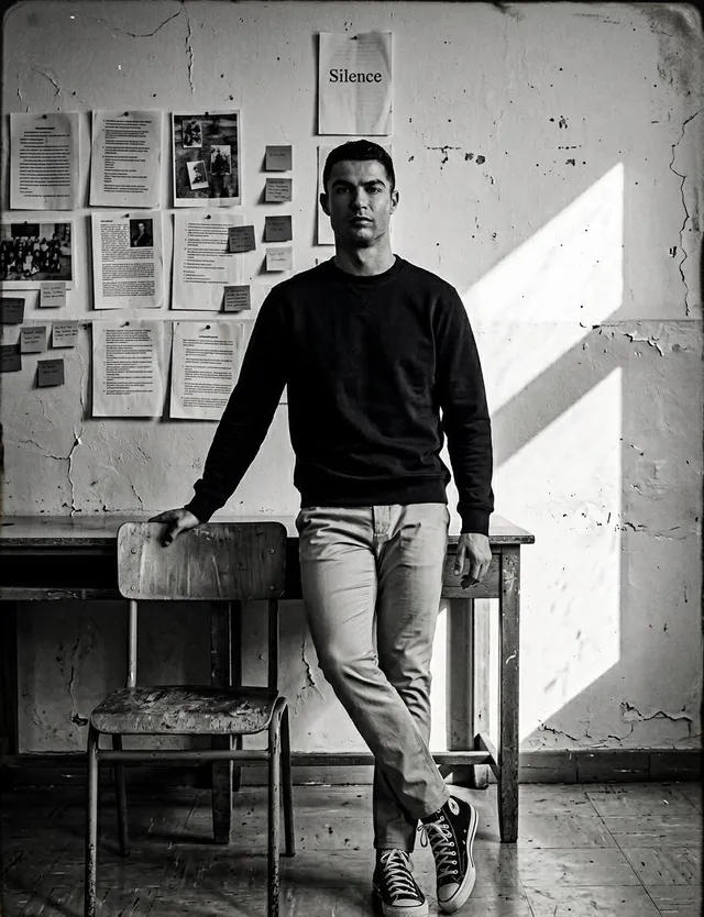 Create a high-contrast black and white portrait in a quiet classroom.Use uploaded image as reference. Person leans casually on a w