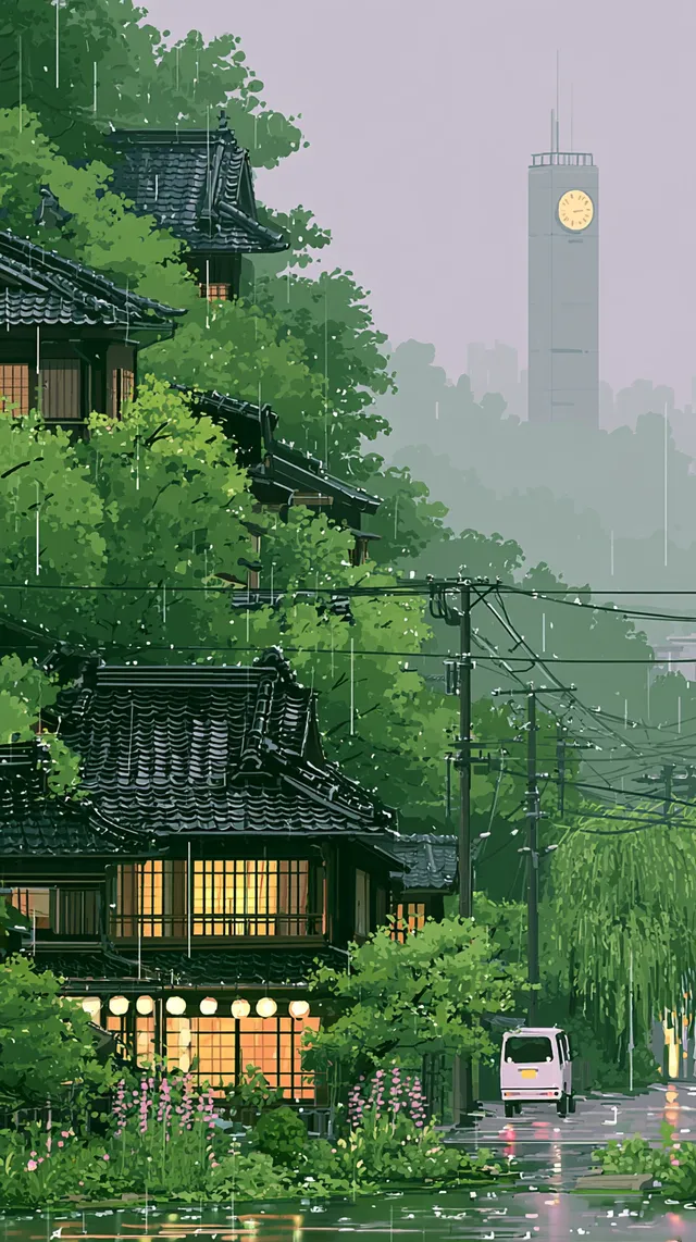پرامپت پس‌زمینه با میدجرنی: A rain-soaked Japanese hillside neighborhood… - تصویر 3، ساخته‌شده با میدجرنی