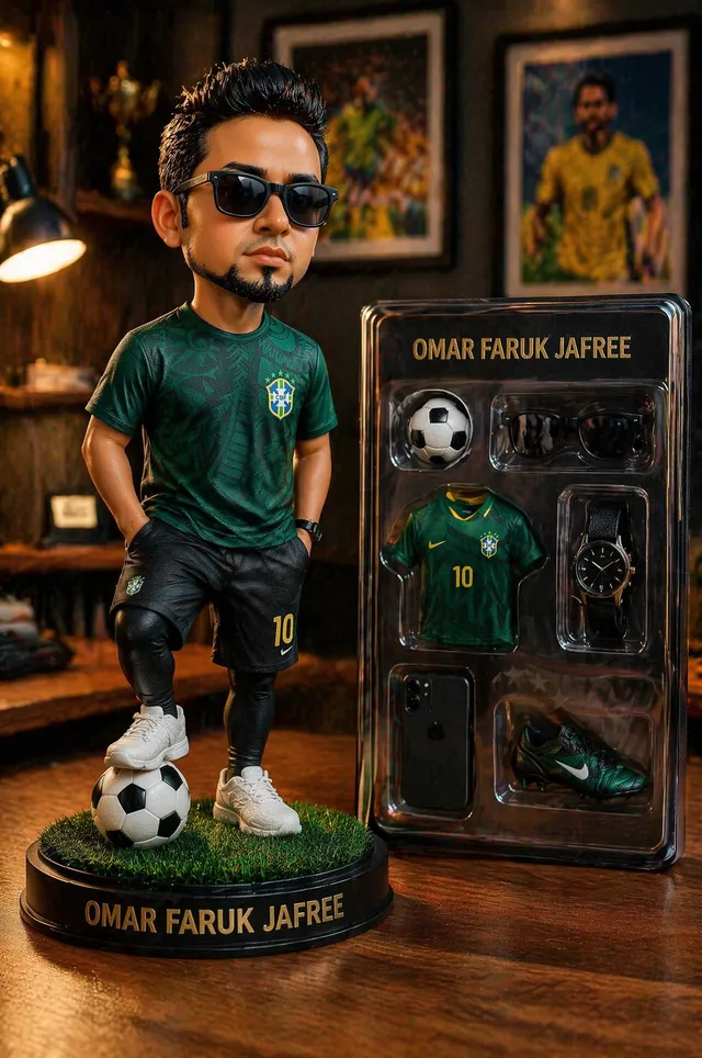 Create a premium 3D collectible figurine of [Person Chara...