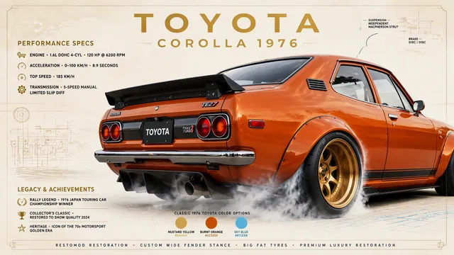 Photorealistic poster of a 1976 Toyota Corolla restomod, ...