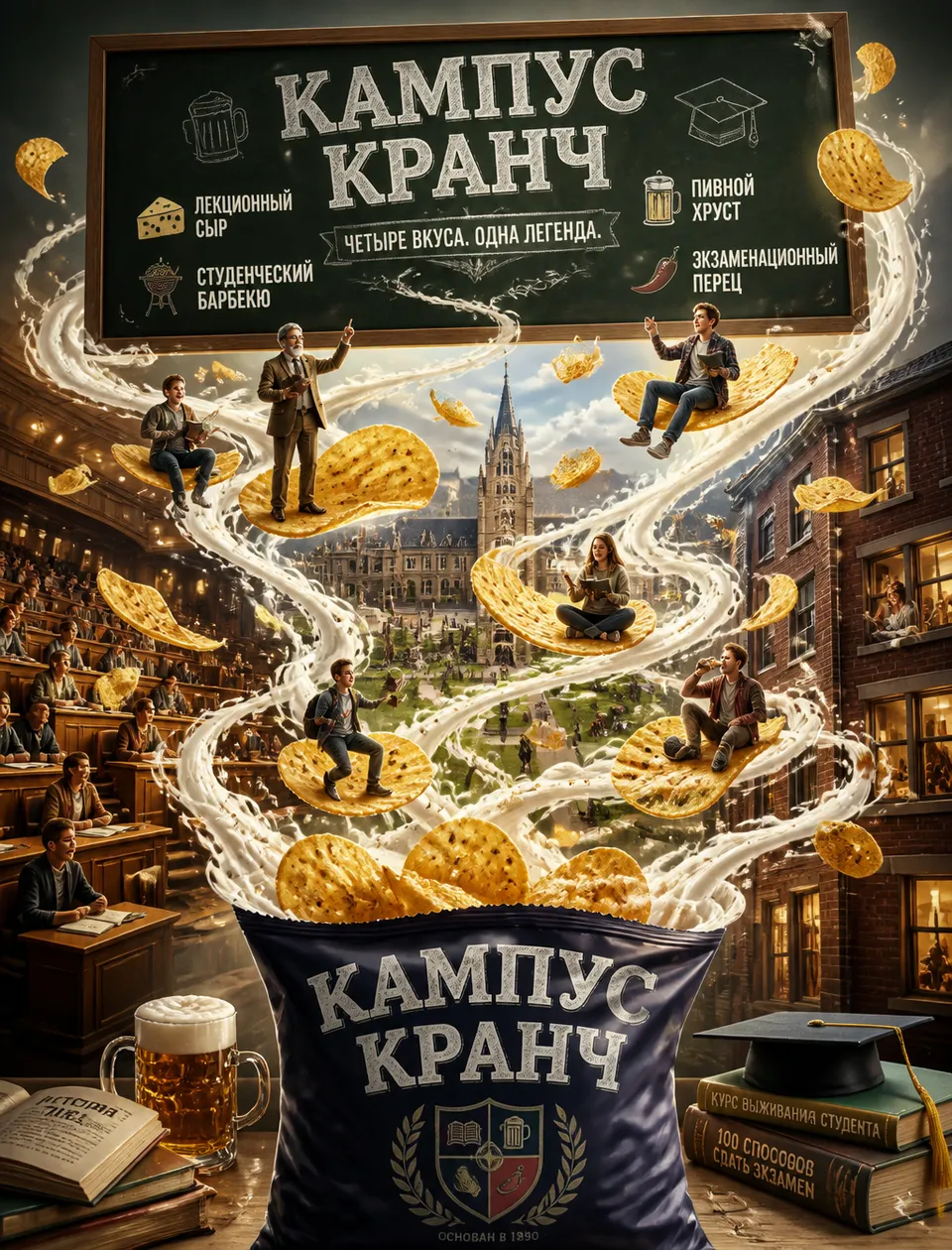 پرامپت طراحی با چت جی پی تی GPT Image : Премиальный вертикальный постер чипсов «КАМПУС… - ساخته‌شده با چت جی پی تی GPT Image