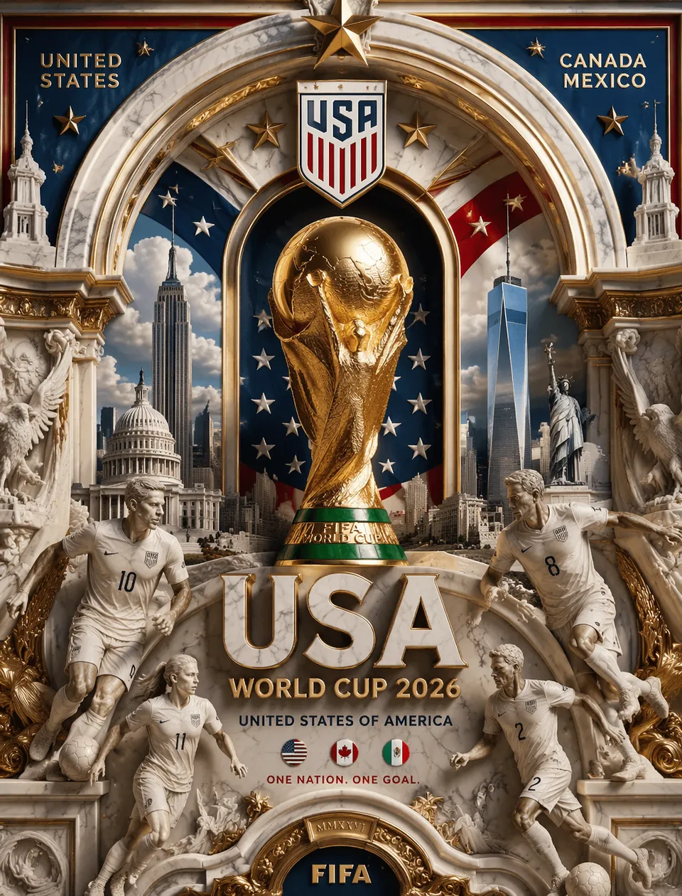 پرامپت طراحی با چت جی پی تی GPT Image : Ultra-detailed 3D baroque poster, USA World… - ساخته‌شده با چت جی پی تی GPT Image