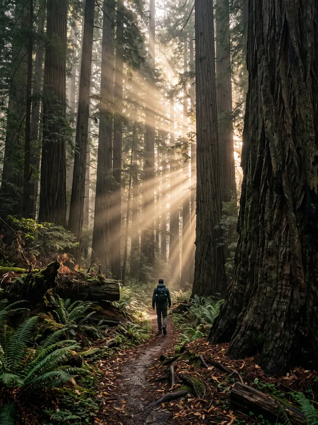 A solitary hiker walks along a narrow, leaf-strewn trail ...