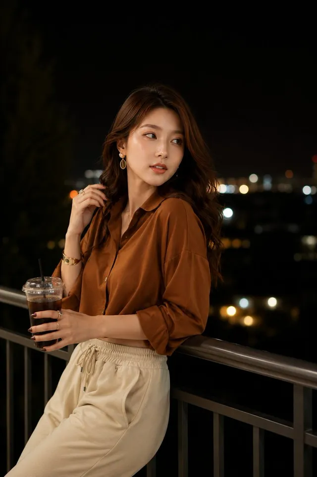 Prompt 1: Ultra-realistic night portrait of a stylish young woman standing on a modern balcony overlooking a city skyline at night