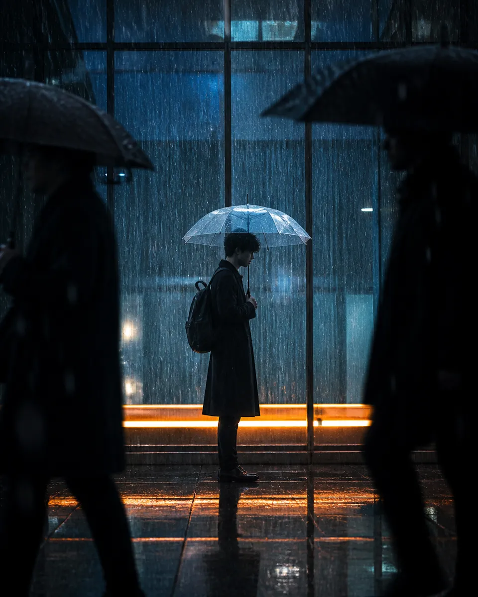 پرامپت پس‌زمینه با چت جی پی تی GPT Image : Vertical cinematic rainy city street… - ساخته‌شده با چت جی پی تی GPT Image