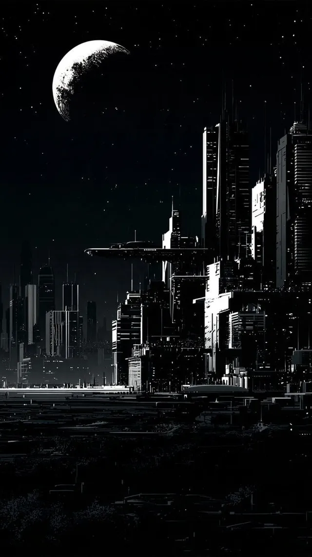 پرامپت پس‌زمینه با میدجرنی: Pure black and white: night cities, moons,… - تصویر 4، ساخته‌شده با میدجرنی