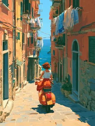 پرامپت سه‌بعدی با میدجرنی: Vibrant travel scene of a person riding a… - ساخته‌شده با میدجرنی