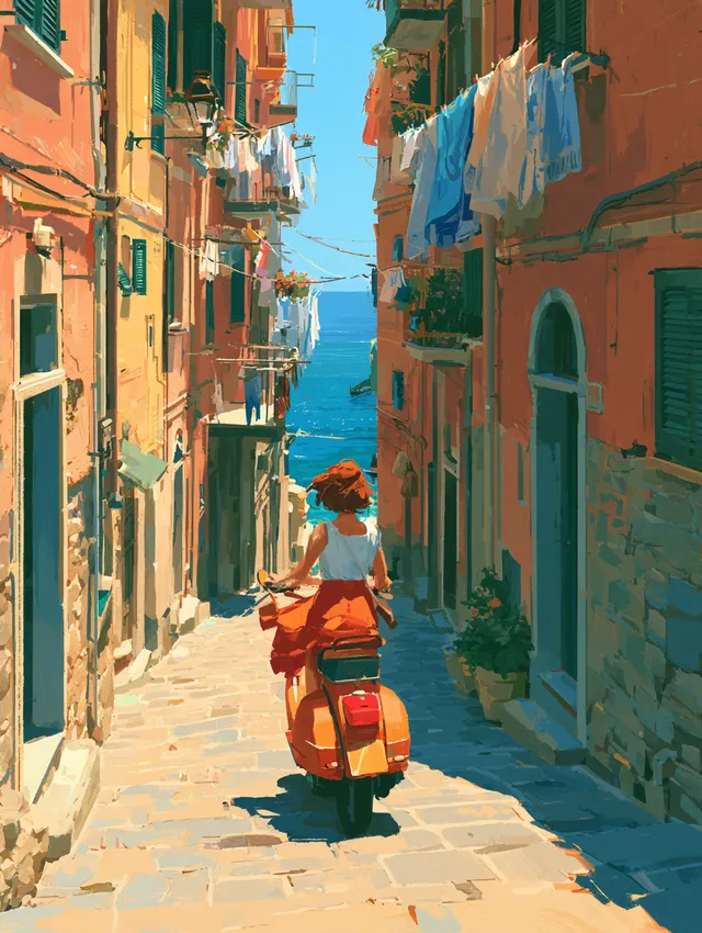 Vibrant travel scene of a person riding a vintage scooter...