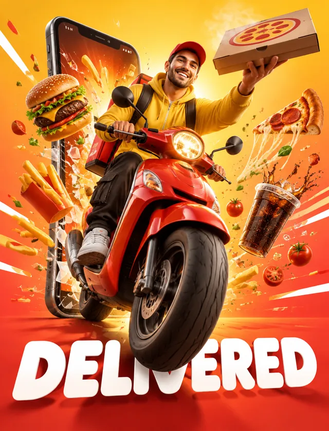 A vibrant hero advertisement poster for a food delivery a...