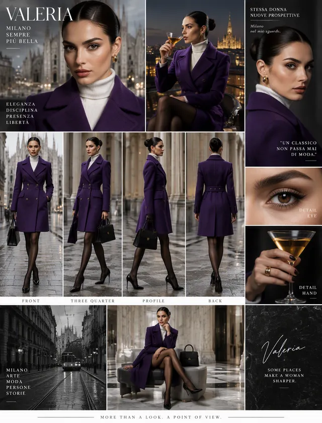 Valeria, an elegant Milanese muse, is presented in a mult...