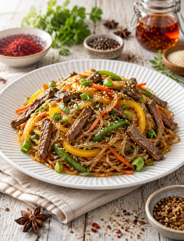 A colorful plate of stir-fried glass noodles is arranged ...