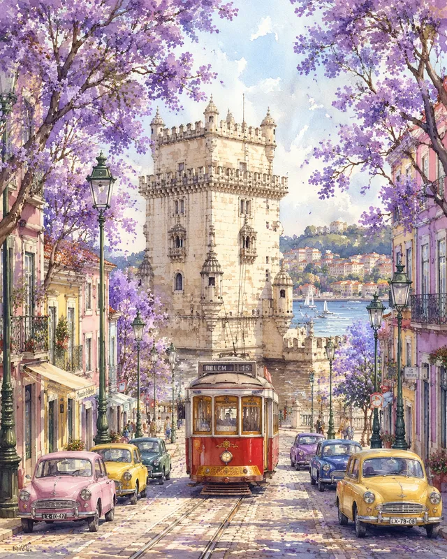 Vertical watercolor illustration, street view of Belém To...