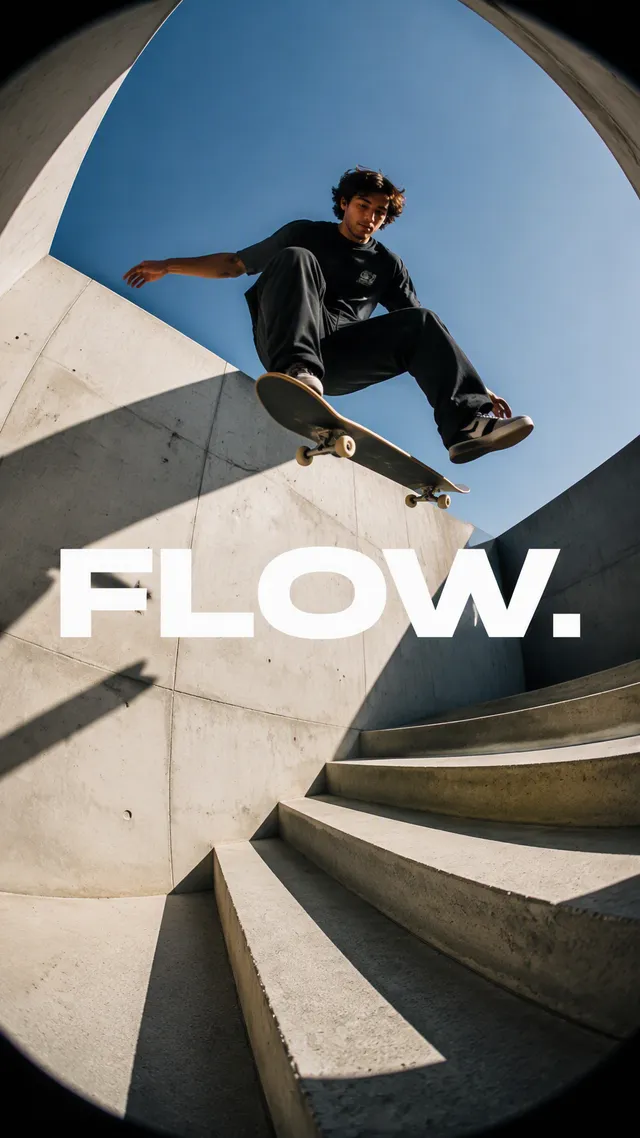 Create a premium 9:16 skate editorial.Main Subject: Young male skateboarder frozen at the peak of an outdoor trick.Creative Direct