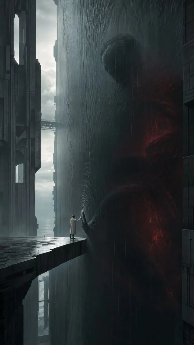 Create an original cinematic dark-surrealist landscape at...