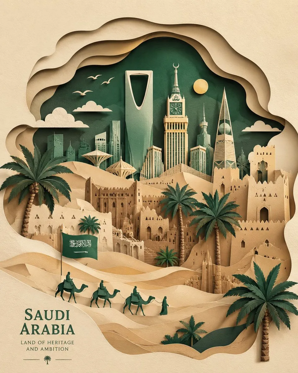 پرامپت سه‌بعدی با چت جی پی تی GPT Image : Saudi Arabia paper-cut illustration, layered… - ساخته‌شده با چت جی پی تی GPT Image