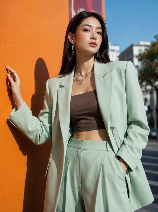 Using the provided reference image, create an ultra-realistic Korean street-fashion editorial portrait of a stylish young woman po