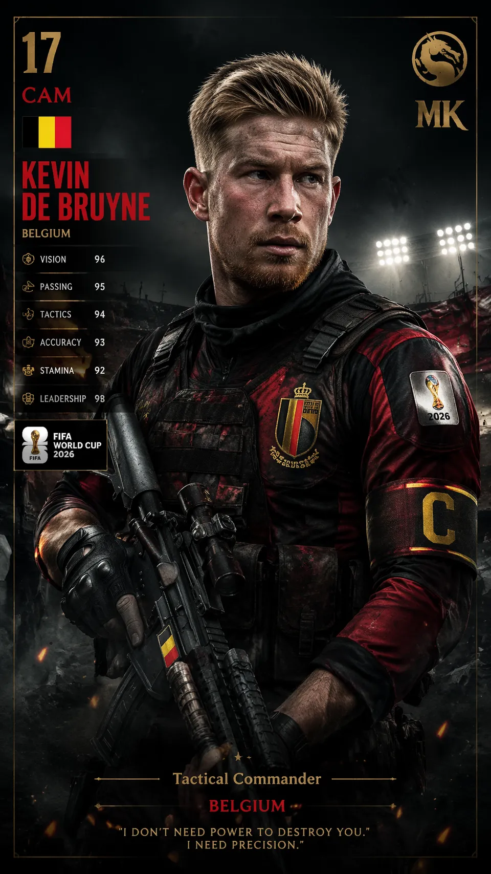 پرامپت طراحی با چت جی پی تی GPT Image : Belgium — Kevin De Bruyne — Mortal Kombat… - ساخته‌شده با چت جی پی تی GPT Image