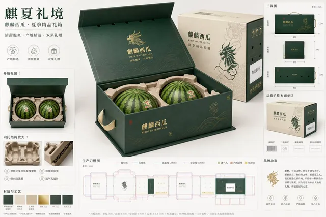 任务：为“麒麟西瓜”设计一张高端水果电商包装提案板，主题为“麒夏礼境”，面向城市中高端家庭送礼、企业团购、生鲜电商...