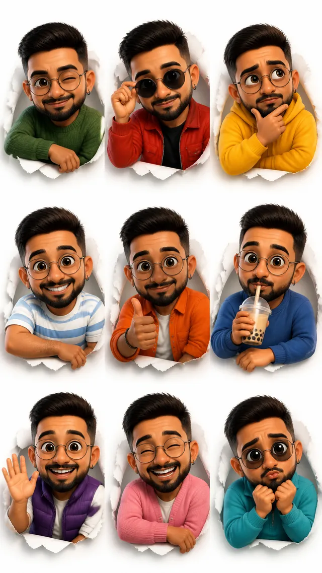 3D Pixar-style expression sheet, cute stylized male avata...
