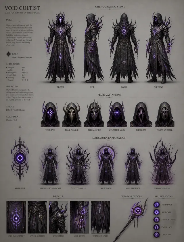 Void CultistCreate a detailed character sheet of an Eldri...