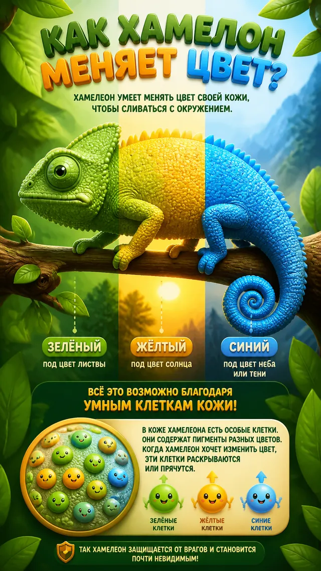 Как хамелеон меняет цветПромпт: Постер для детей, показыв...