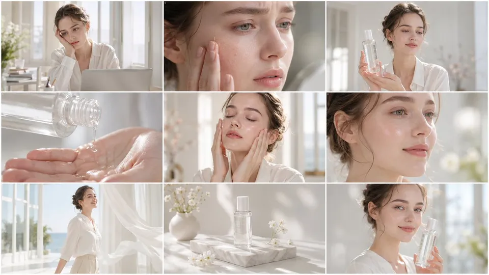 پرامپت استوری‌بورد با چت جی پی تی GPT Image : Create a clean, bright skincare commercial… - ساخته‌شده با چت جی پی تی GPT…