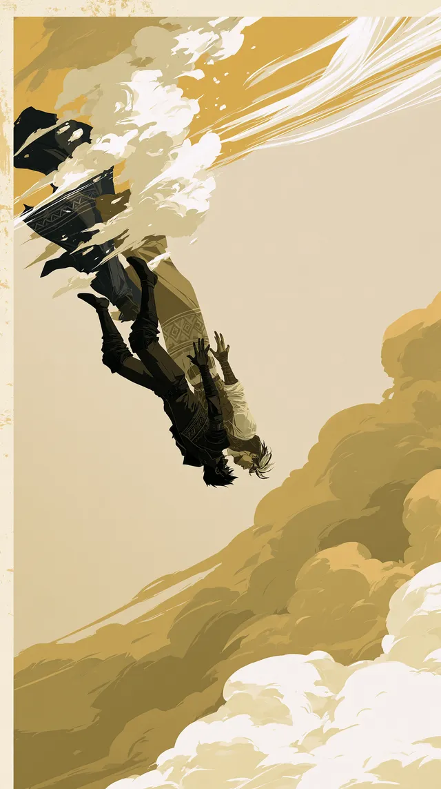 Two characters falling head first straight downward throu...