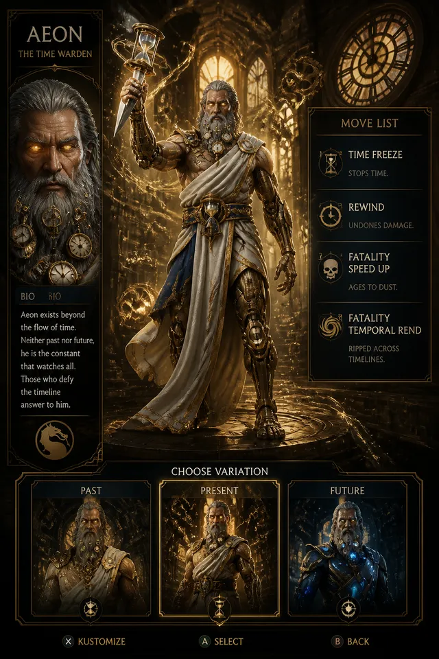 Aeon, "The Time Warden". Mysterious timekeeper in a flowi...