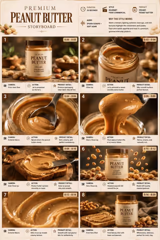 پرامپت استوری‌بورد با نانو بنانا جمینای : Premium Peanut Butter Product Commercial… - ساخته‌شده با نانو بنانا جمینای