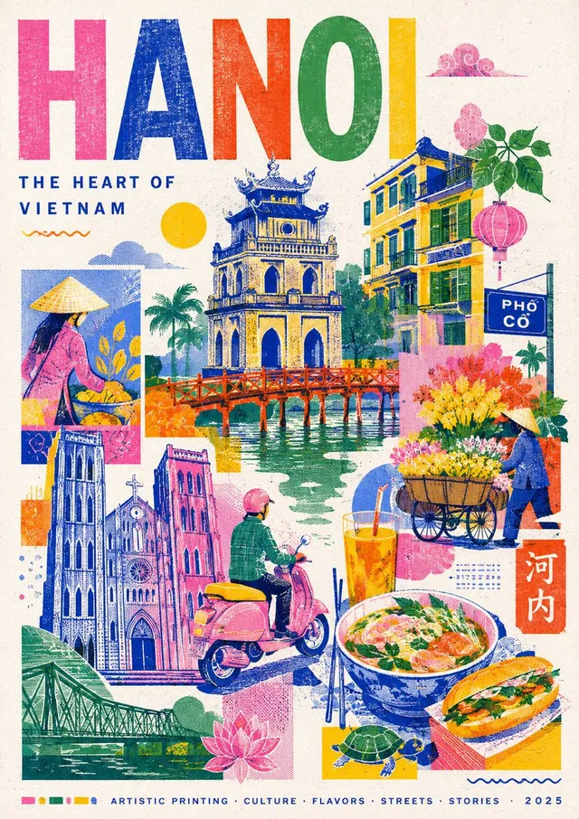 Create a stylish modern travel poster inspired by risogra...