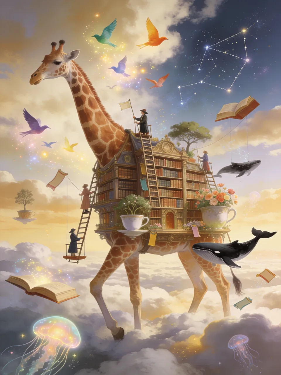 پرامپت پس‌زمینه با سیدریم: The Library Growing on a Giraffe A giant… - ساخته‌شده با سیدریم