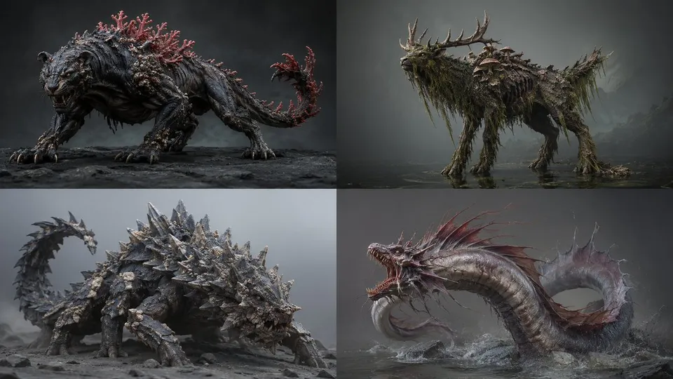 پرامپت استوری‌بورد: 2x2 grid, 16:9 ai infers<role lead creature…