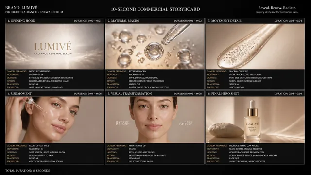 Create a 10-second cinematic product commercial storyboar...