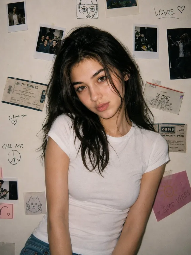 A young woman with the same unchanged face, pale soft complexion, caught in a classic 90s disposable-camera snapshot. Her loose bl
