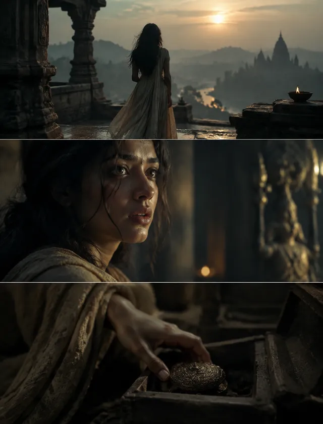 एक cinematic movie-style video, जिसमें एक किरदार किसी भाव...