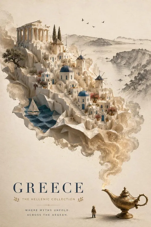 Create an elegant, premium travel poster featuring a magi...