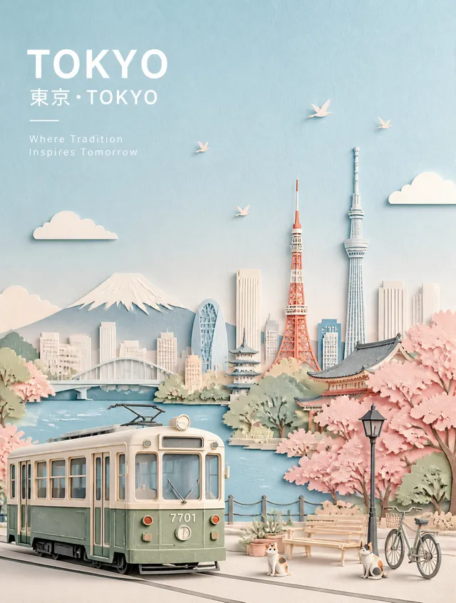 创作一幅精美的[日本东京]宽幅风景旅行海报插画。核心概念：将城市描绘成一幅宁静、优雅、风格化的粉彩纸拼贴画，将城市...