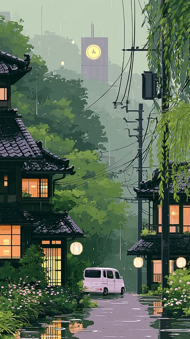 پرامپت پس‌زمینه با میدجرنی: A rain-soaked Japanese hillside neighborhood… - تصویر 2، ساخته‌شده با میدجرنی