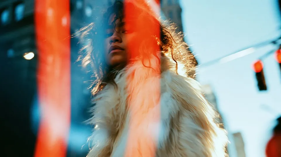 پرامپت عکاسی با میدجرنی: Zendaya wearing big oversized white fur coat… - ساخته‌شده با میدجرنی