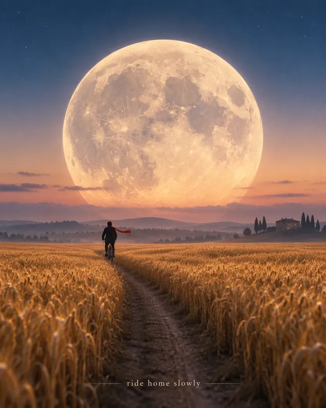 Surreal minimal landscape. An enormous full moon with vis...