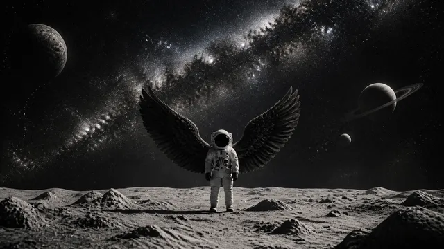 Astronaut in spacesuit standing on the moon wearing big b...