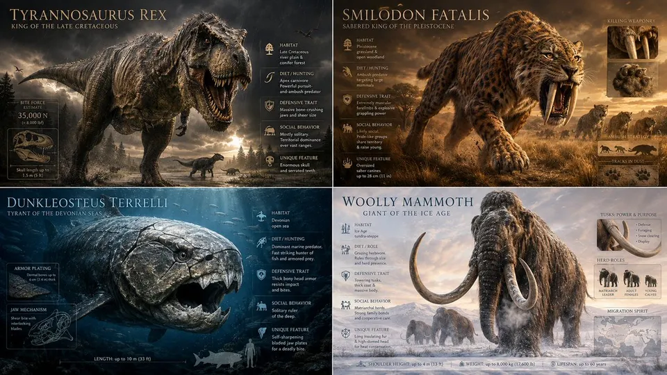 پرامپت استوری‌بورد: 2x2 grid, 16:9, do this for 4 real prehistoric…