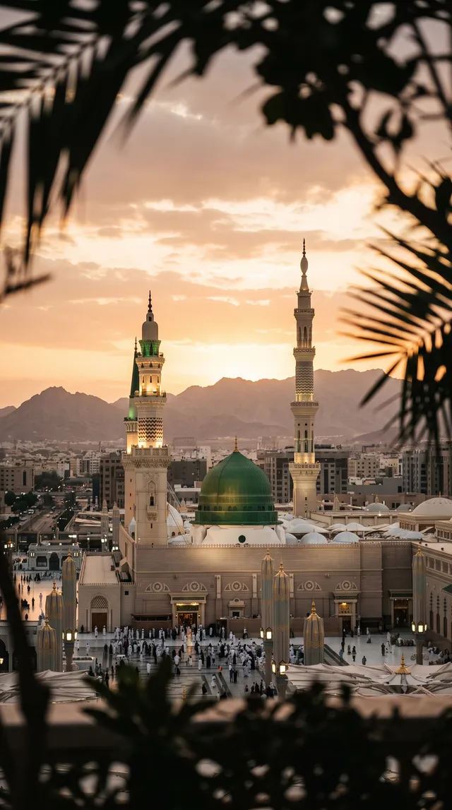 The Prophet’s Mosque in Medina rises above the surroundin...