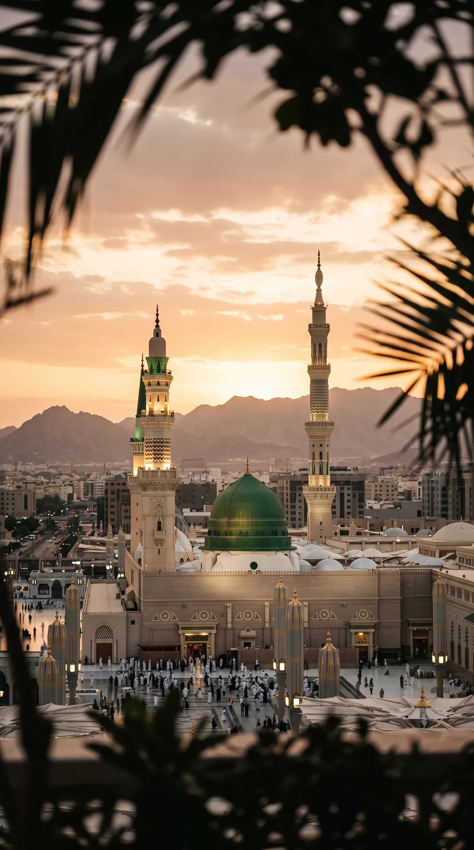 پرامپت پس‌زمینه با نانو بنانا جمینای : The Prophet’s Mosque in Medina rises above the… - ساخته‌شده با نانو بنانا جمینای