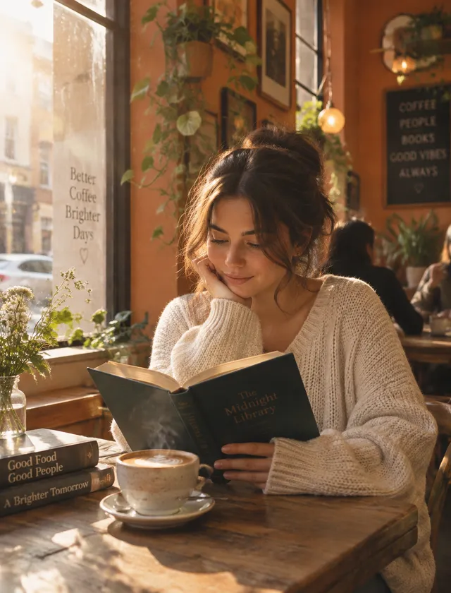 Warm cozy lifestyle photograph of a @ woman with soft natural makeup reading a hardcover book in a sunlit corner café, wearing an