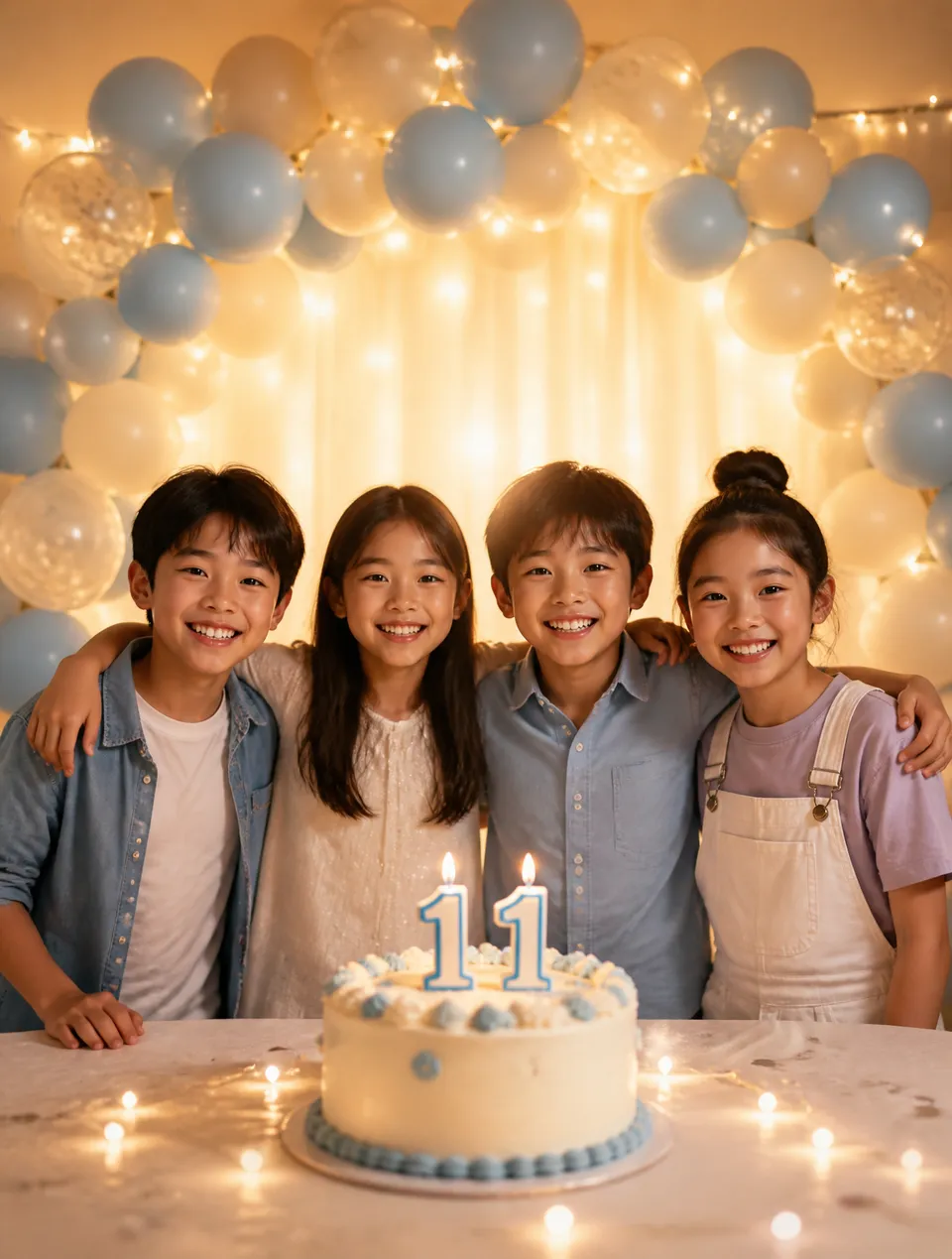 پرامپت عکاسی با چت جی پی تی GPT Image : Four children stand in a horizontal line… - ساخته‌شده با چت جی پی تی GPT Image