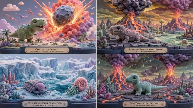2x2 grid, 16:9, do this for 4 extinction level events: A ...