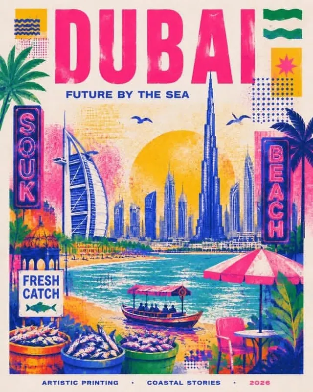 Create a stylish modern travel poster inspired by risogra...